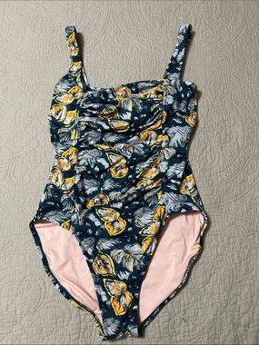 Garnet Hill Teal Floral One-Piece Swimsuit with Yellow Accents